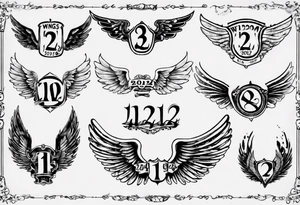 Wings with the dates (1) 09/12/2012 and (2) 24/10/2023 in between the wings tattoo idea