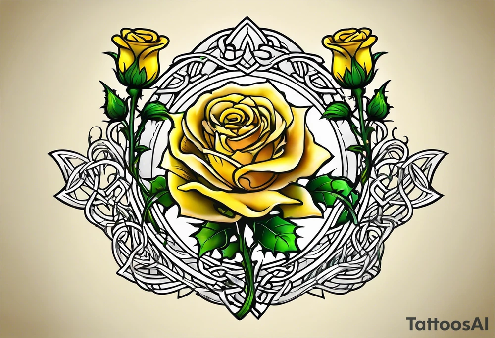 Scottish thistle, yellow rose and shamrock with stems intertwined spelling KND in celtic lettering tattoo idea