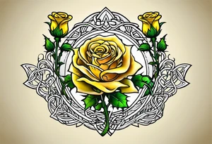 Scottish thistle, yellow rose and shamrock with stems intertwined spelling KND in celtic lettering tattoo idea