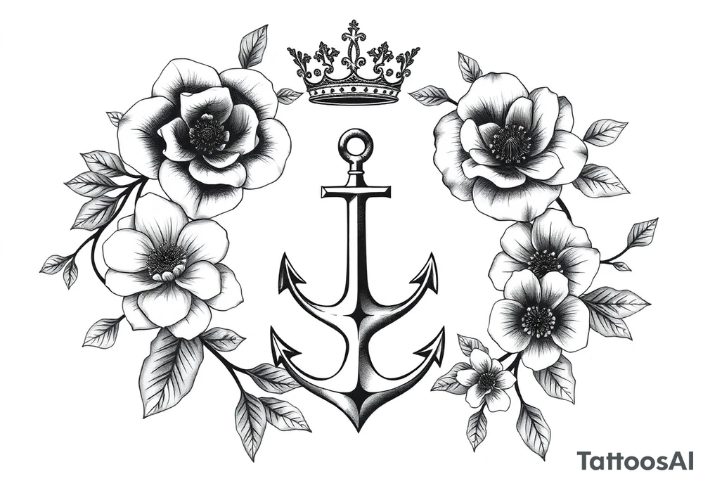 detailed beautiful gothic boho flowers on vine with gorgeous crown and anchor tattoo idea