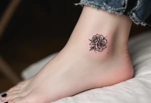 Dotted outline of cluster of roses, with no fill, resembling a hand-poked aesthetic, placed on the ankle. tattoo idea