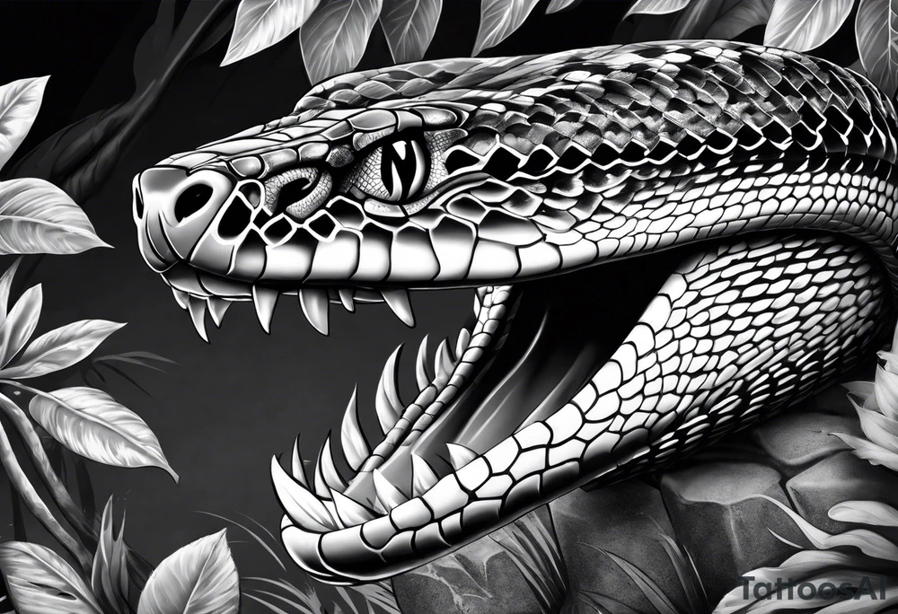 Black and grey realism with a western diamondback snake rainforest background for a forearm sleeve. Create the snake to be coiled and mouth open showing fangs tattoo idea