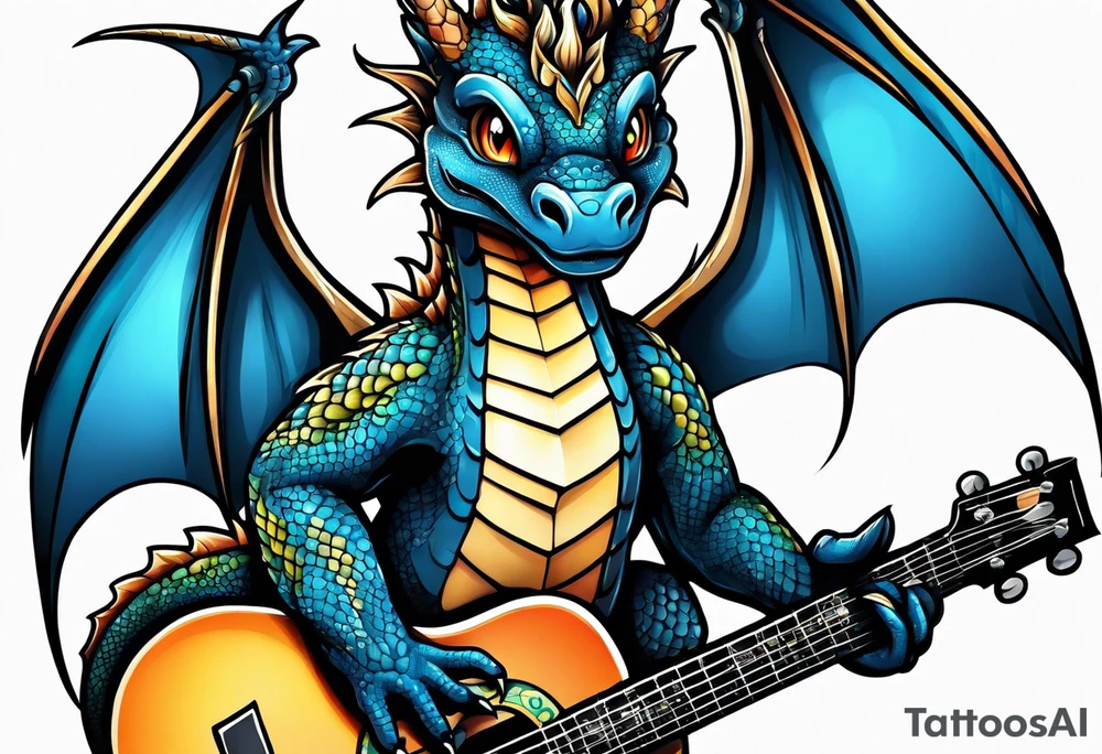 baby dragon with guitar tattoo idea