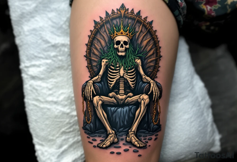 Drowned Pirate King – A skeletal pirate in a decayed, seaweed-covered crown, sitting on a barnacle-crusted throne at the bottom of the sea. His empty eye sockets  and broken golden chains dangle from his wrists. tattoo idea