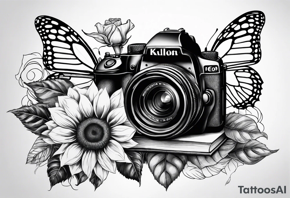 sunflower, camera, flower rose , book, butterfly tattoo idea sunflower, camera, flower rose , book, butterfly tattoo idea