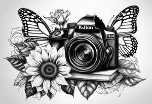 sunflower, camera, flower rose , book, butterfly tattoo idea