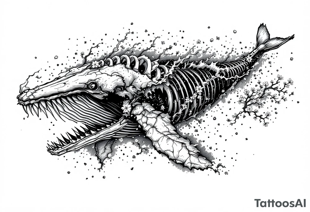 idea is basically a whale that's damaged and torn exposing the skeletal innerts, but it's still fiercely moving forward as hard as it can. generate one with elements of attack on titan and demon slayer and spirited away. black and white with dark contrasts, focus cherry blossoms, waves and fire tattoo idea