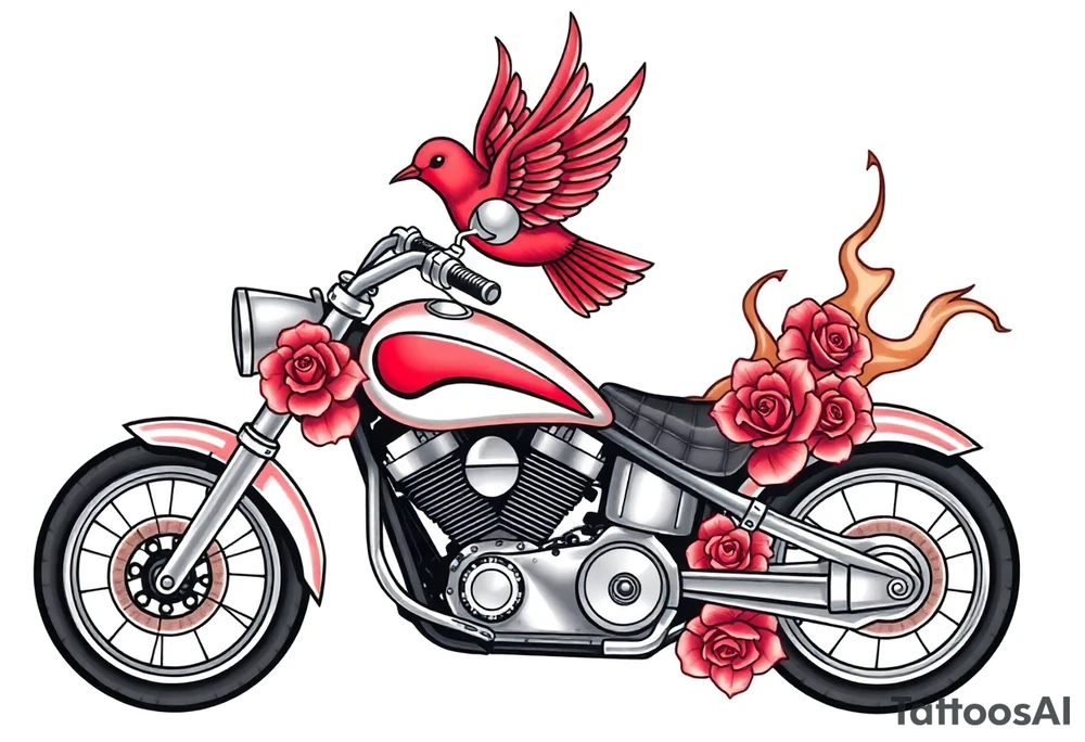 Motorcycle, red bird flying, roses and lace, flames tattoo idea