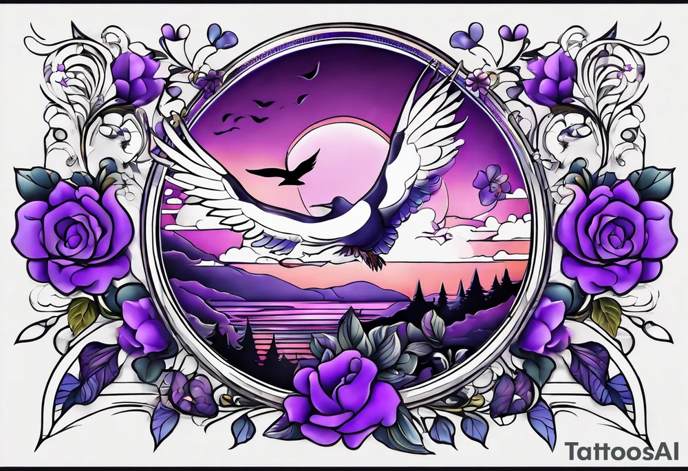 Forearm tattoo with purple flowers to always remember my grandma that passed away with a small white dove and heaven things added like clouds and stairs. tattoo idea