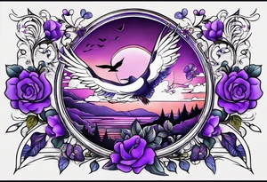 Forearm tattoo with purple flowers to always remember my grandma that passed away with a small white dove and heaven things added like clouds and stairs. tattoo idea