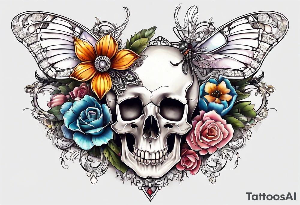 Flower chest piece, small animal skull, crystals, moth tattoo idea