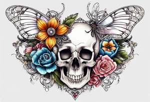 Flower chest piece, small animal skull, crystals, moth tattoo idea