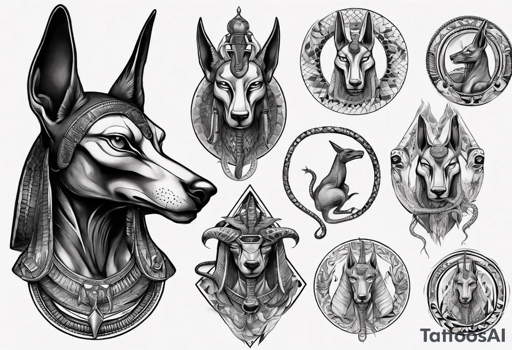 Anubis with scales and snakes tattoo idea
