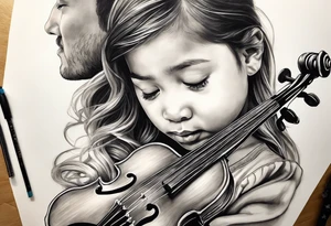 Si hay ángeles si hay violines, si hay estrellas baby ahi estaré.(quote)  Tattoo of father holding his daughter. (RIP) Daddy loved music tattoo idea