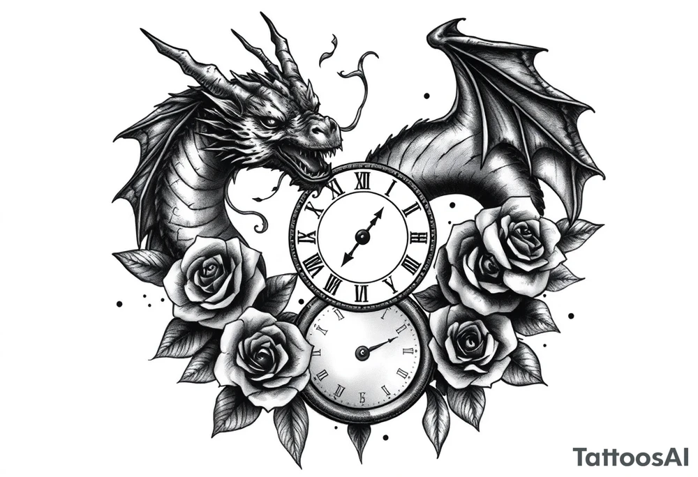 Horror dragon tattoo with cancer zodiac sign, roses and clock on background tattoo idea