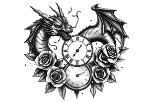 Horror dragon tattoo with cancer zodiac sign, roses and clock on background tattoo idea