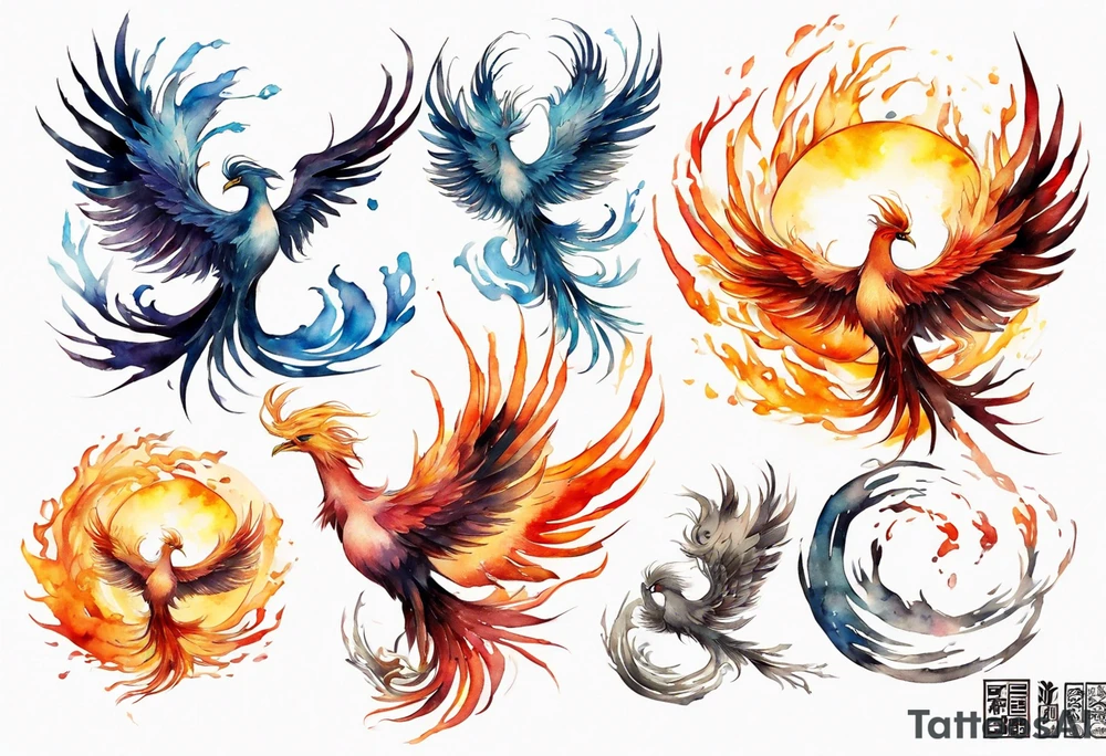 a phoenix in front of the sun tattoo idea