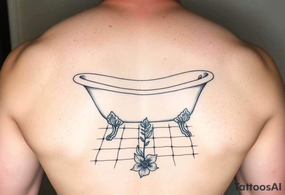 clawfoot bathtub on a tile floor and flower coming up out the floor tattoo idea