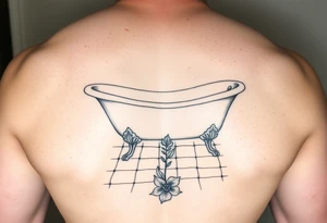 clawfoot bathtub on a tile floor and flower coming up out the floor tattoo idea