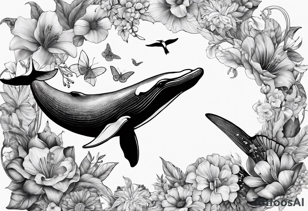 flowers, collage, whale and hummingbird tattoo idea