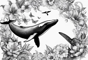 flowers, collage, whale and hummingbird tattoo idea