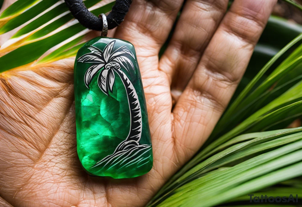 Tattoo: A striking Gachala emerald sits at the base of a tall quindio wax palm, which grows resiliently from cracks in rugged, rocky soil. The emerald is the main focal point, symbolizing strength and endurance, while the wax palm, rooted in the soil’s crevices, represents growth and resilience. A small water stream flows gently from the rocks, adding an element of life and nourishment tattoo idea
