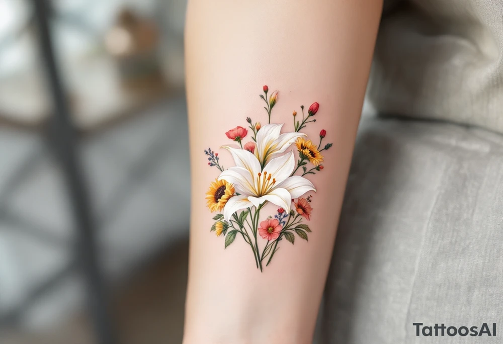 stargazer lillies in white with small sunflowers and poppies in a dainty wildflower bouquet with stems tattoo idea