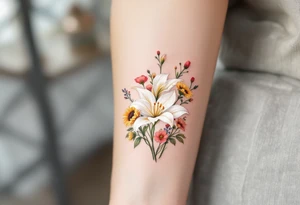 stargazer lillies in white with small sunflowers and poppies in a dainty wildflower bouquet with stems tattoo idea