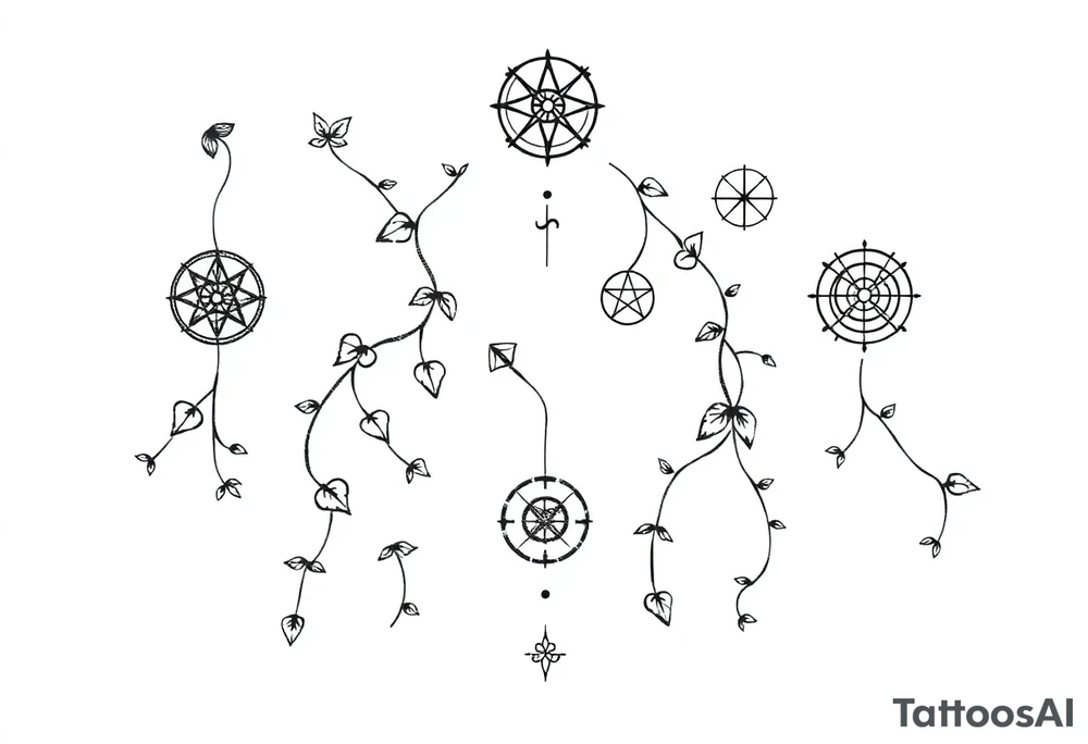 Ivy. Vines with wiccan symbols and zodiac signs tattoo idea