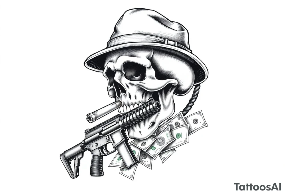 skull with gangster-hat,cigar in his mouth,a machine gun in his hands surrounded by money. tattoo idea