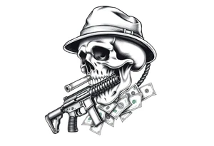 skull with gangster-hat,cigar in his mouth,a machine gun in his hands surrounded by money. tattoo idea