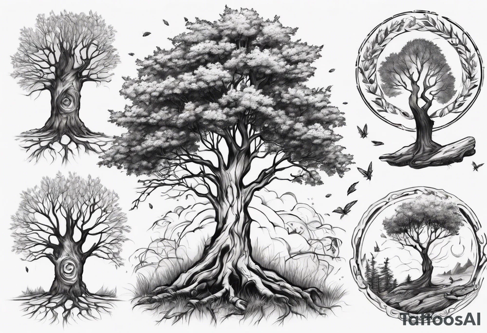 Small nature spring beside a oka tree with sun draw in the tree trunk tattoo idea