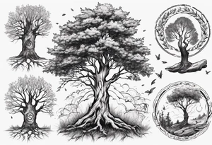 Small nature spring beside a oka tree with sun draw in the tree trunk tattoo idea
