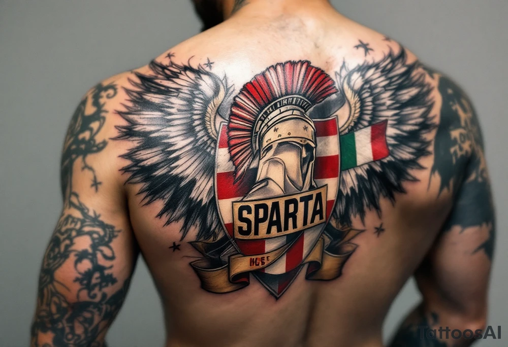 A full back tattoo of "HC Sparta’s" historic victories with dates, crests, and a red-and-silver color scheme. tattoo idea