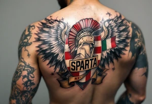A full back tattoo of "HC Sparta’s" historic victories with dates, crests, and a red-and-silver color scheme. tattoo idea