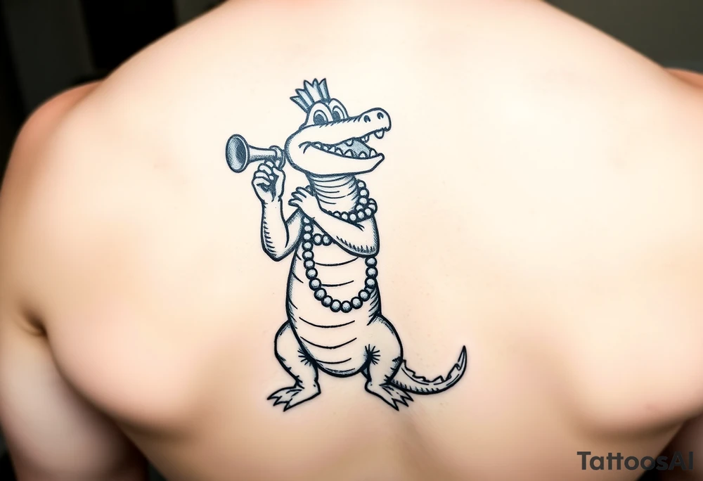 cartoon Mardi gras alligator standing up playing a trumpet and wearing beads tattoo idea