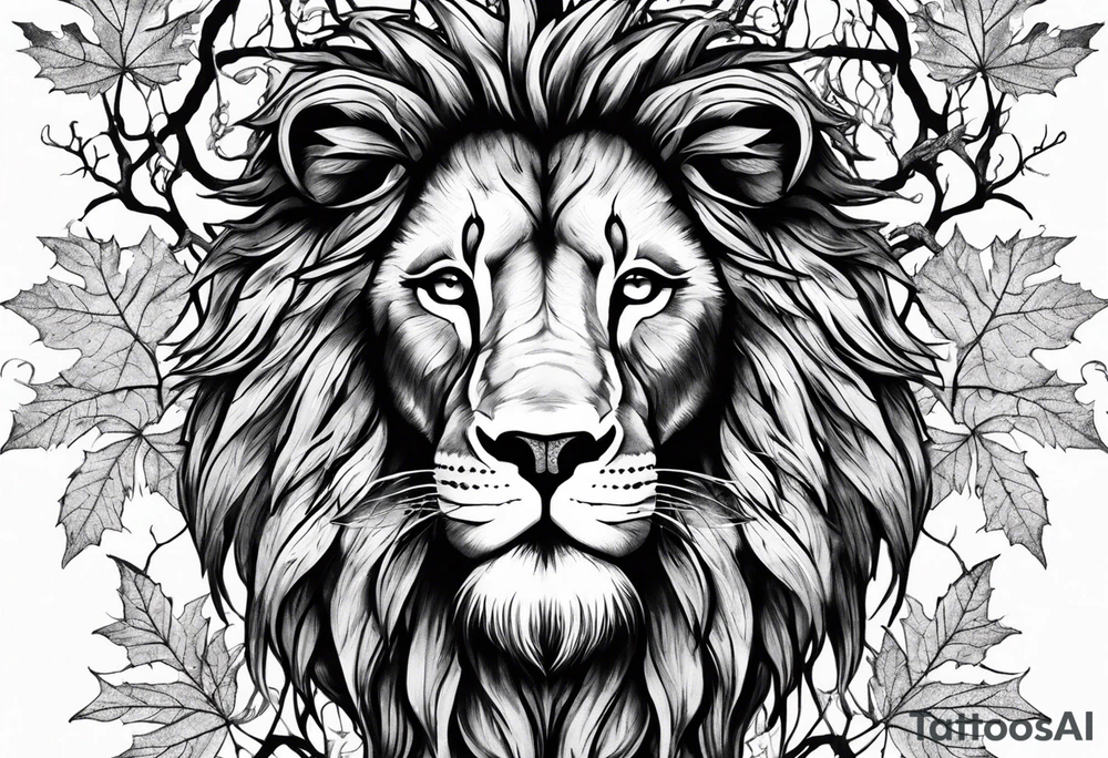 The lion of Judah, which is Jesus Christ, is tied and intertwined within a maple tree, and a cross as well tattoo idea