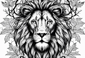 The lion of Judah, which is Jesus Christ, is tied and intertwined within a maple tree, and a cross as well tattoo idea