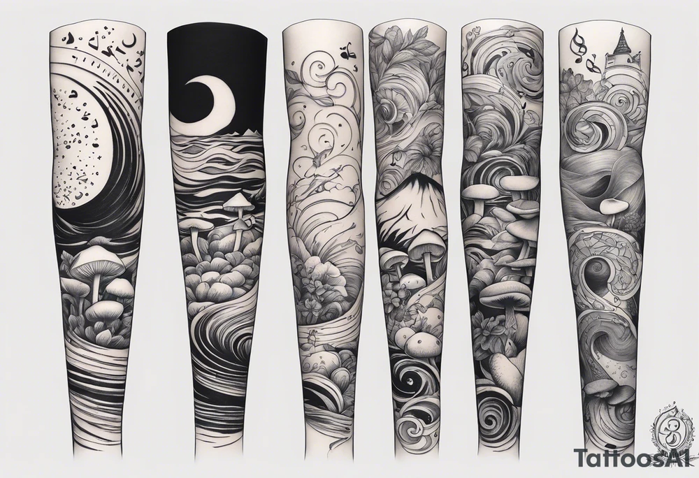 lots of empty space with simple line of icons down the back of the arm. there are four icons in this order:

1. a music note on a staff
2. a wave of water
3. a pocket
4. mushroom tattoo idea