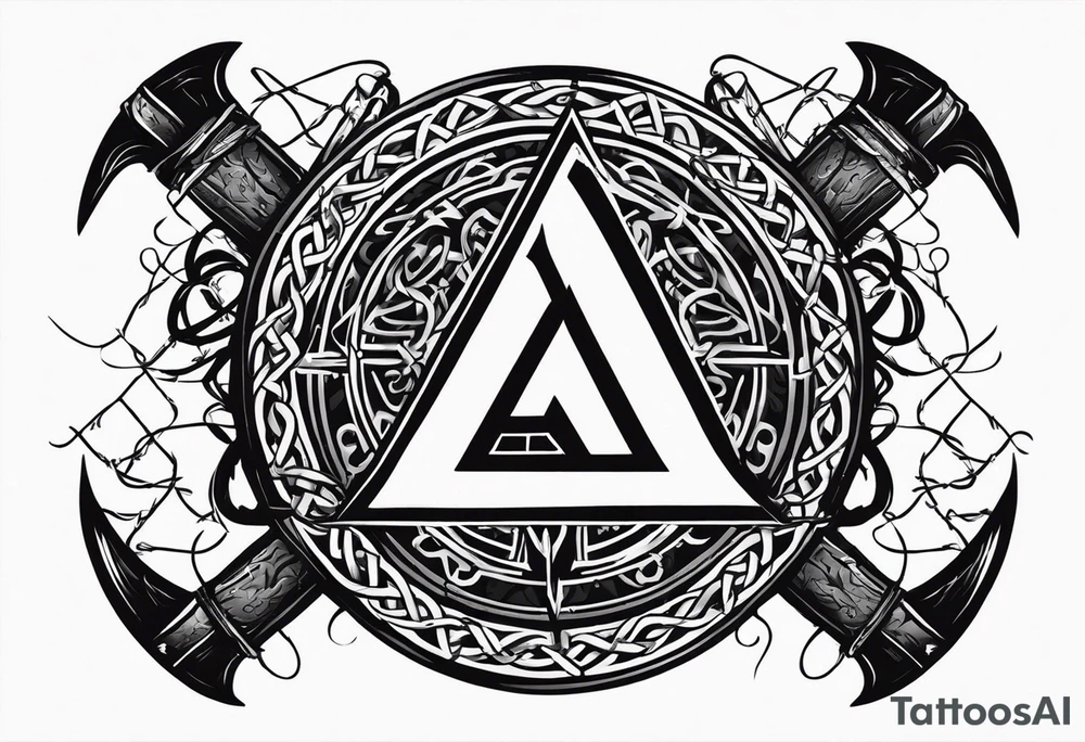 Valhalla sword shield axe barbed wire chains valknut tattoo idea