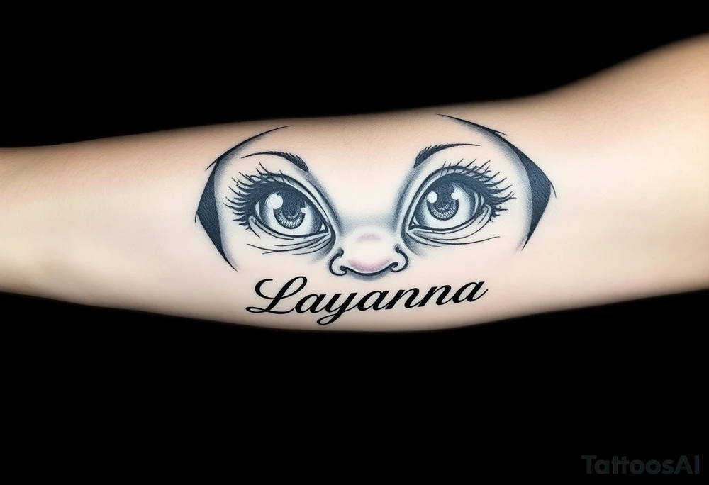 Baby girl newborn eyes with the name layanna at the bottom of it tattoo idea