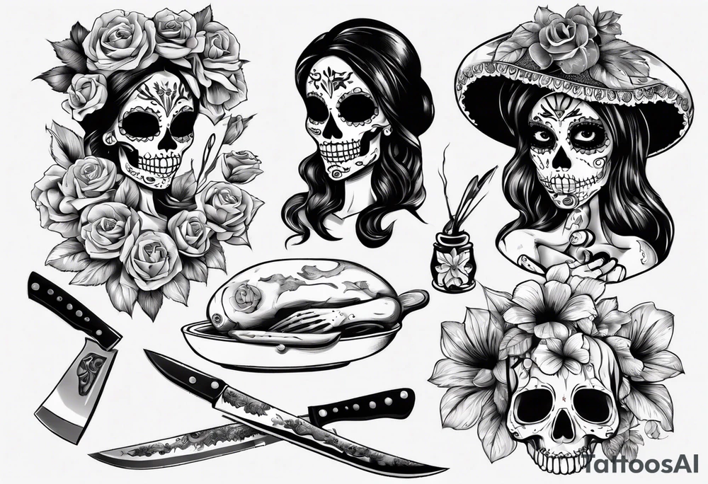 La catrina, cooking, day of the dead, knives, skull tattoo idea