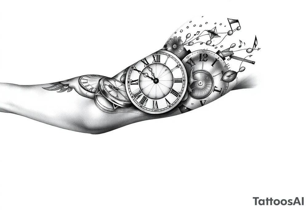 I want to create a sleeve for my left arm with elements if time and music and the dates 19.04.2019 and 28.01.2022 in Roman numerals tattoo idea
