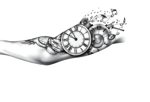 I want to create a sleeve for my left arm with elements if time and music and the dates 19.04.2019 and 28.01.2022 in Roman numerals tattoo idea