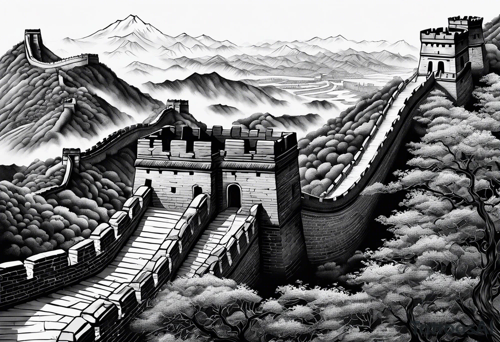 Great Chinese wall, realistic, art, gezeichnet, fine line tattoo idea