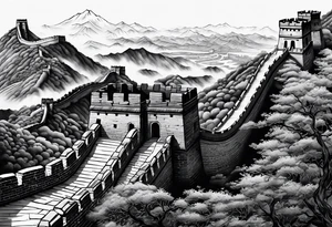 Great Chinese wall, realistic, art, gezeichnet, fine line tattoo idea