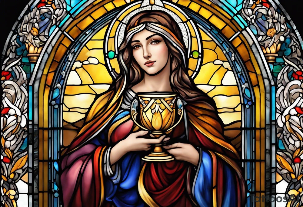 holy saint woman with halo stained glass holding a chalice tattoo idea