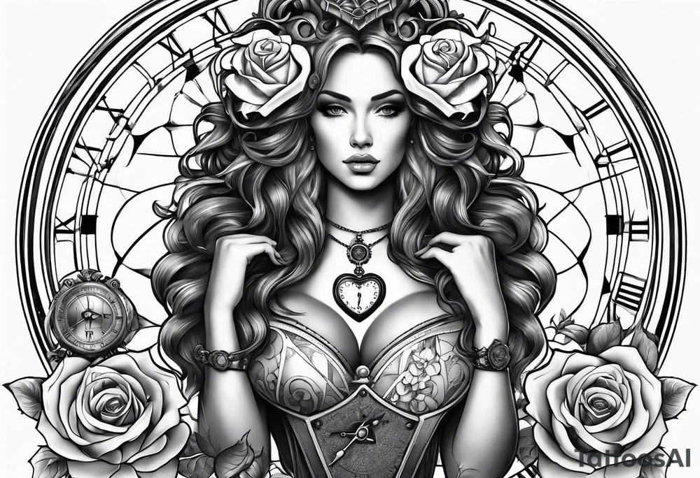 Women holding a mechanical heart roses, time watch, lion, strength tattoo idea