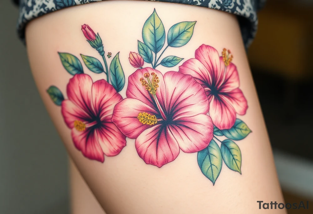 Beautiful Hibiscus flowers with leaves and other flowers tattoo idea