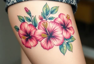 Beautiful Hibiscus flowers with leaves and other flowers tattoo idea